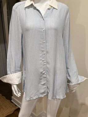 Etcetera Size 12 Blue White Stripe Button Front Blouse Contrast Collar Cuffs